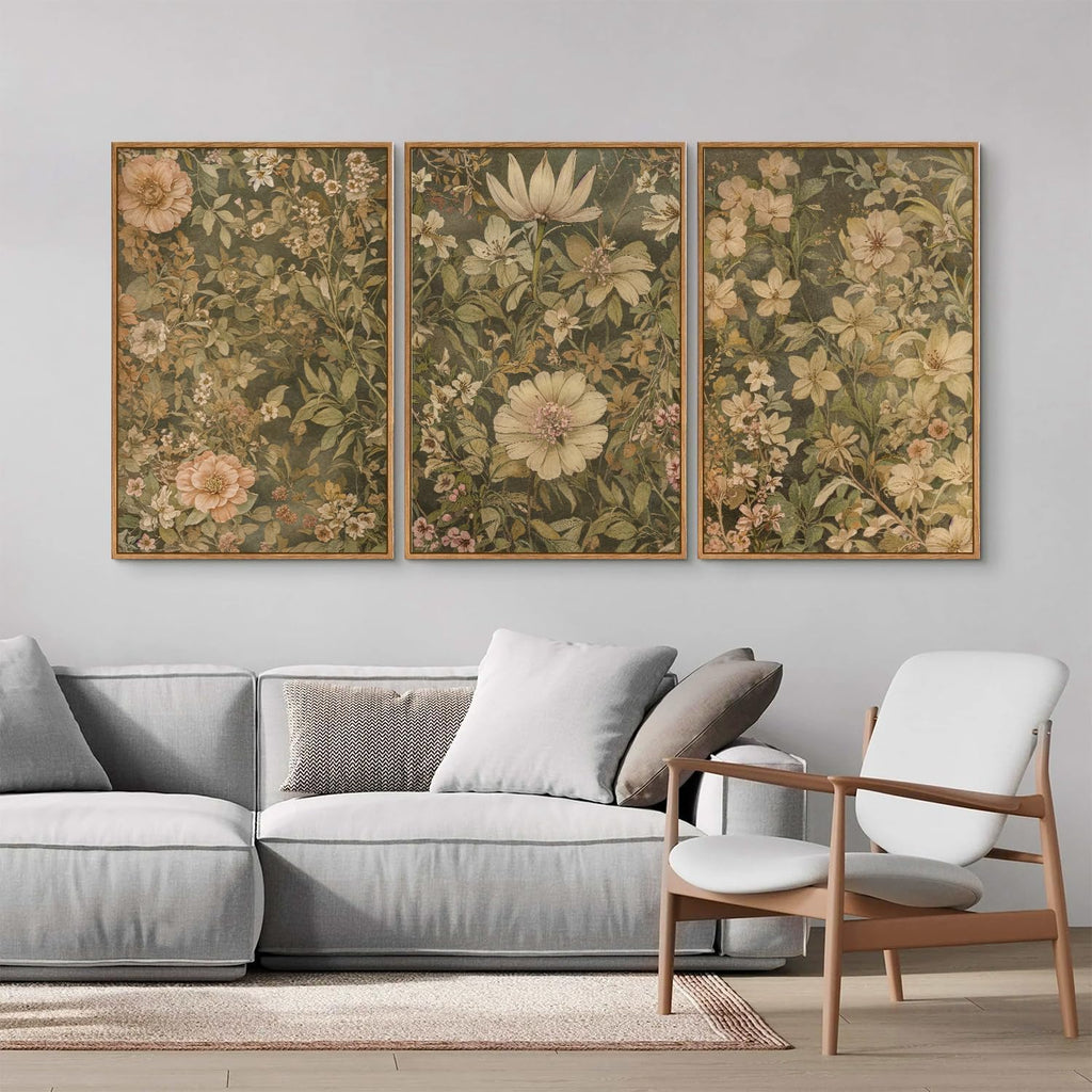 SIGNINART Vintage Floral Framed Canvas Wall Art Set of 3, Mid Century Modern Wildflower Wall Decor, Neutral Botanical Artwork, Retro Plant Art Prints for Bedroom, Living Room, Office 16"x24"