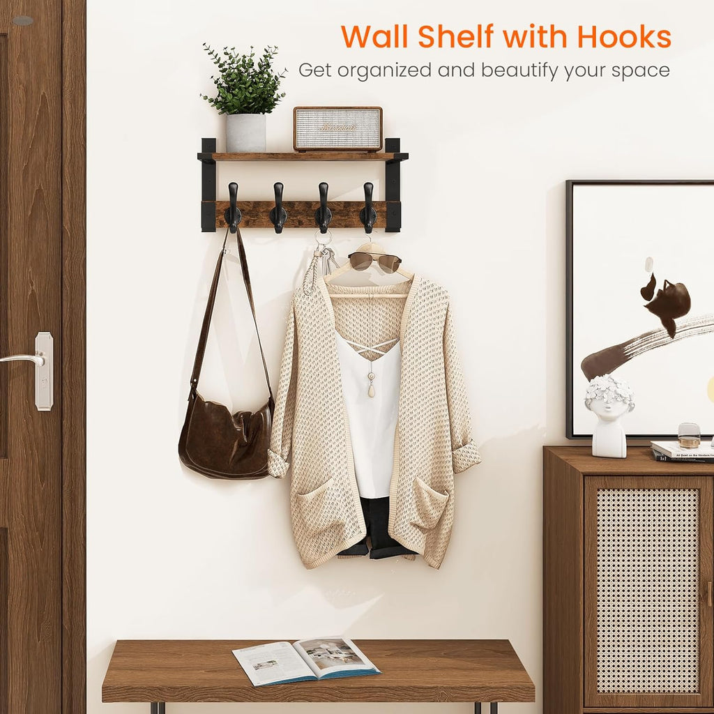 Homode Coat Rack Wall Mount with Shelf, Wood Wall Hooks with Shelf, Heavy Duty Entryway Shelf with Hooks with 4 Metal Hangers for Hanging Key Towel Hat Purse, Bathroom Bedroom, Rustic Brown Black