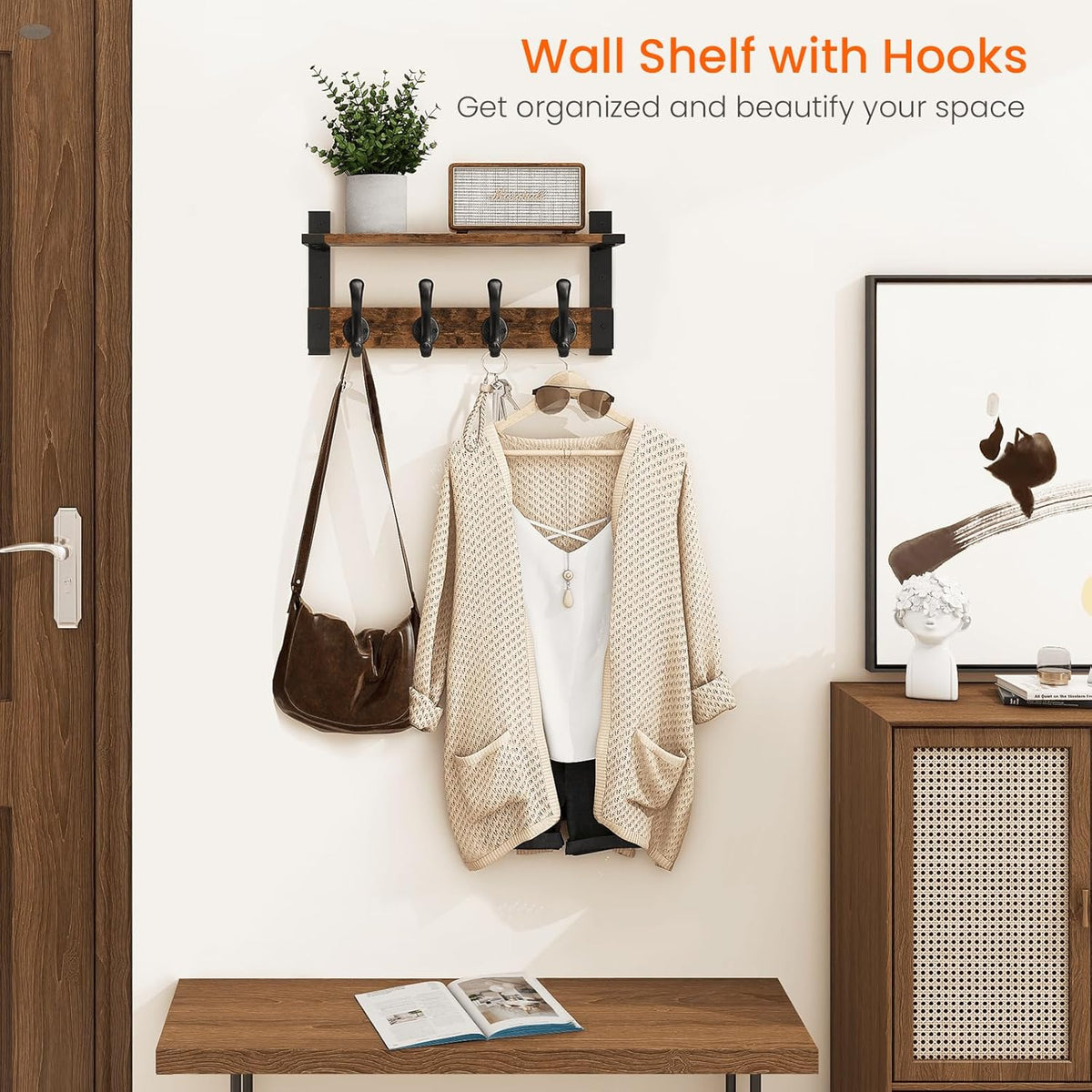 Homode Coat Rack Wall Mount with Shelf, Wood Wall Hooks with Shelf, Heavy Duty Entryway Shelf with Hooks with 4 Metal Hangers for Hanging Key Towel Hat Purse, Bathroom Bedroom, Rustic Brown Black