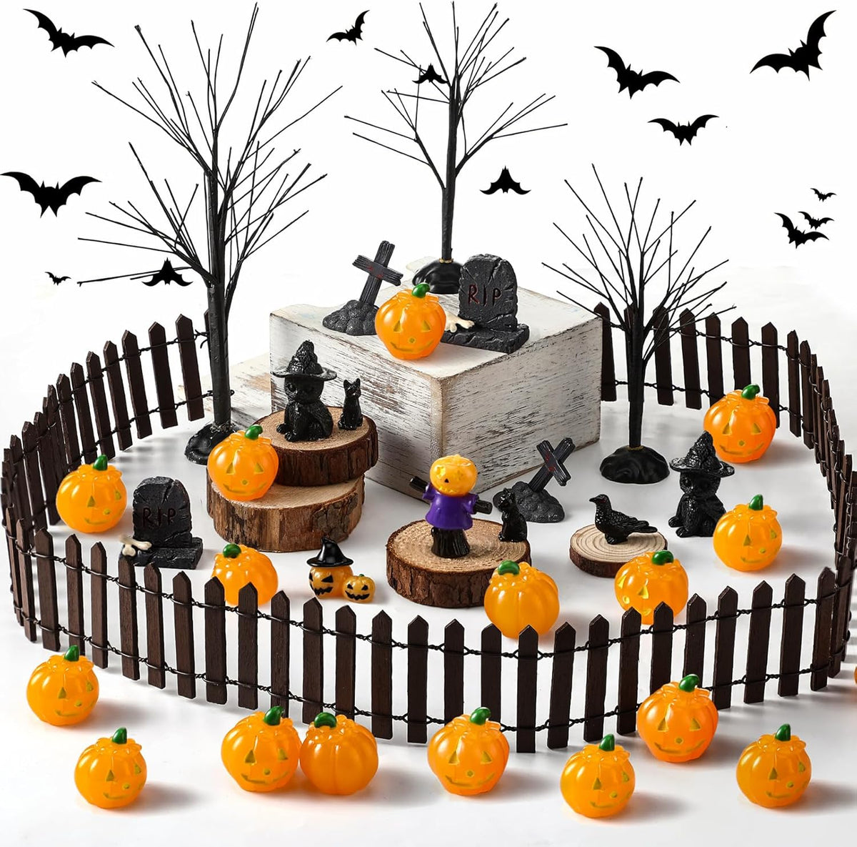Wesiti 30 Pcs Halloween Village Accessories Set Miniature Halloween Figurines Village Trees Cat Pumpkin Tombstones Figurine Horror Miniature Accessories for Garden Decor