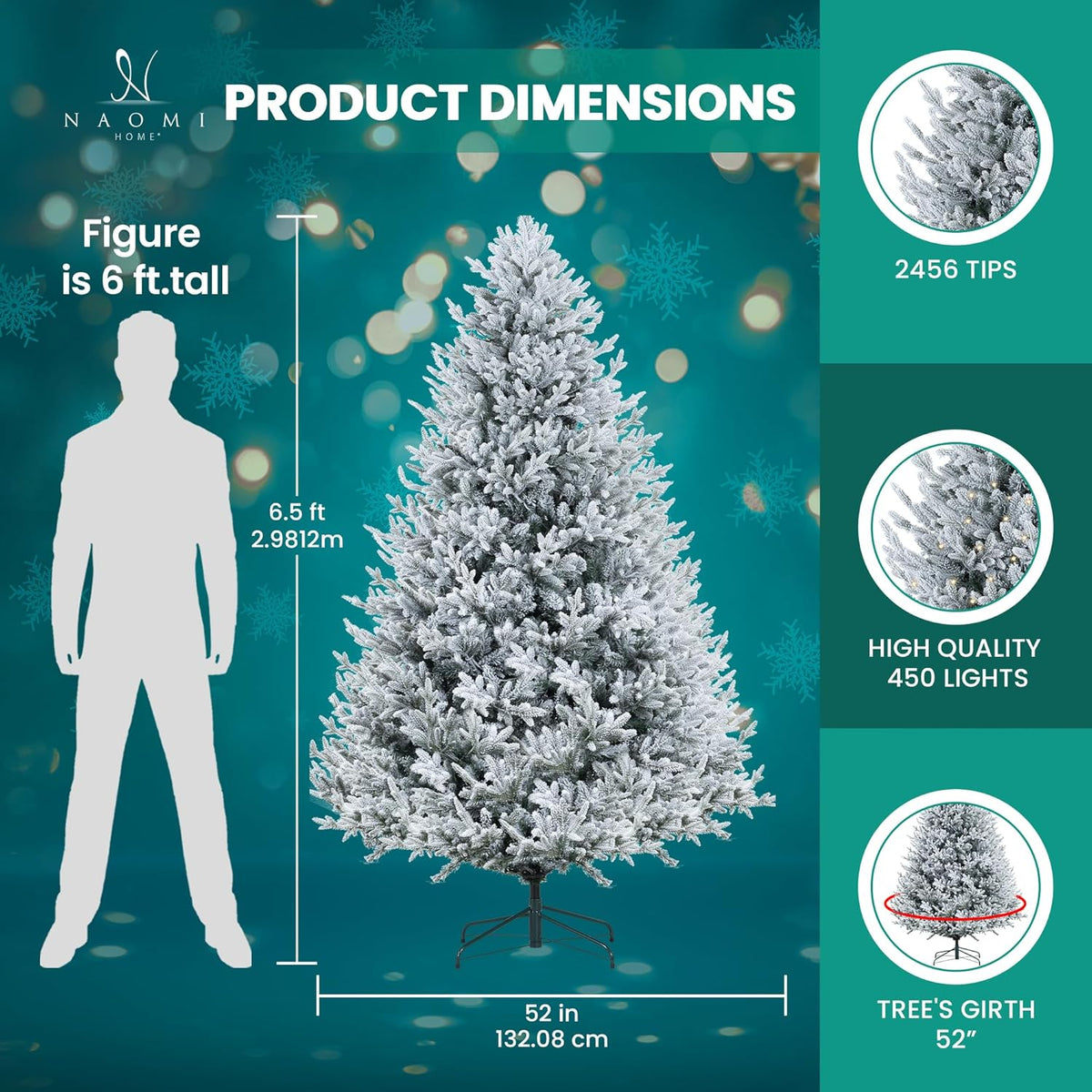 Naomi Home Ginebra 6.5ft Snow Flocked Christmas Tree Prelit with 2456 Branch Tips, 450 Warm Lights and Metal Stand, 52" Wide Realistic Snowy Frosted Christmas Tree with Lights