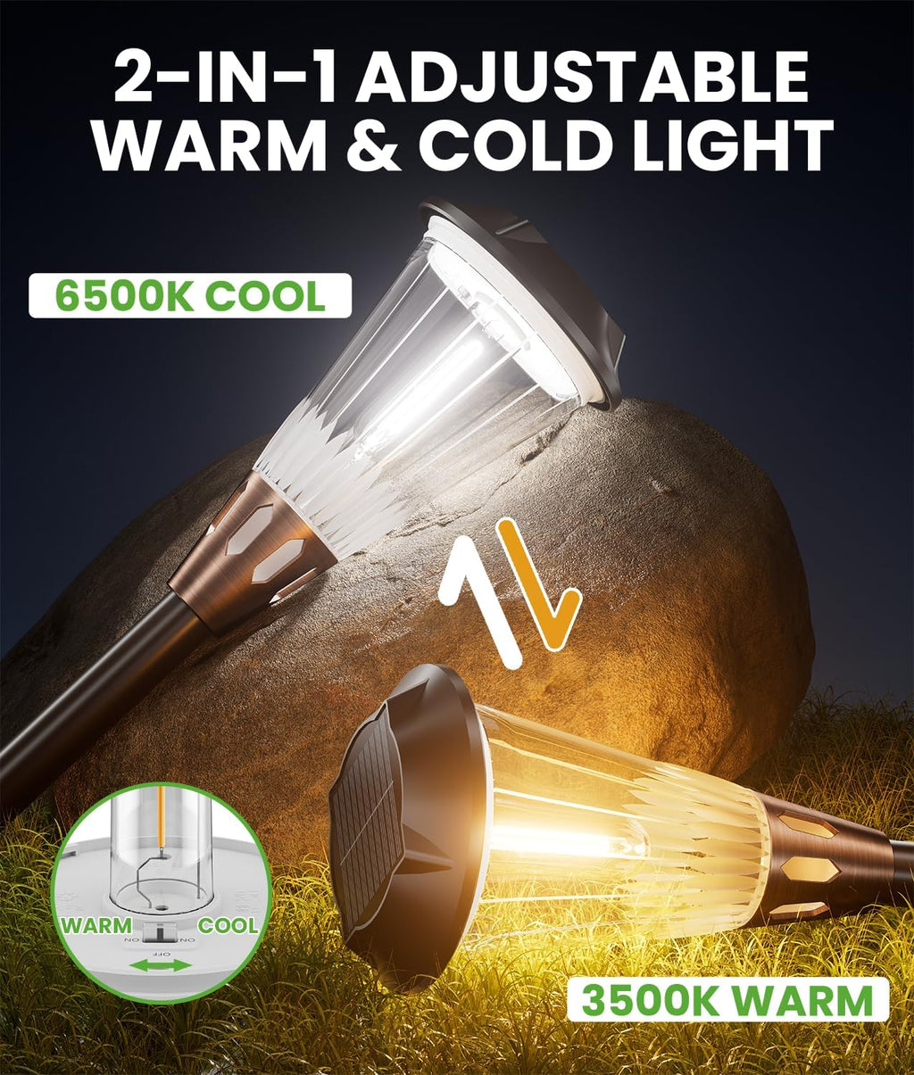 2-in-1 Warm&Cool Solar Pathway Lights Outdoor, 2 Pack Solar Garden Lights Waterproof IP65, Auto On/Off Outdoor Light for Yard Garden Walkway Landscape Lighting