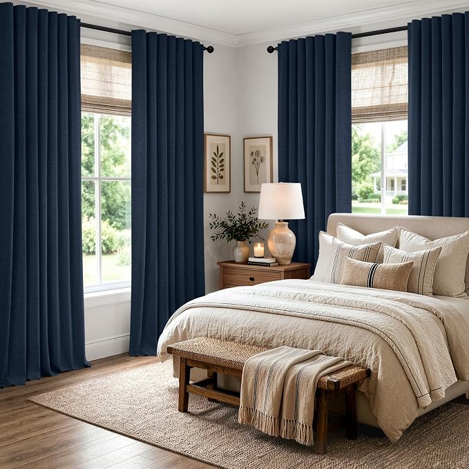 MIULEE 100% Blackout Linen Curtains 42 x 84 Inch Midnight Blue 2 Panels | - Image 8