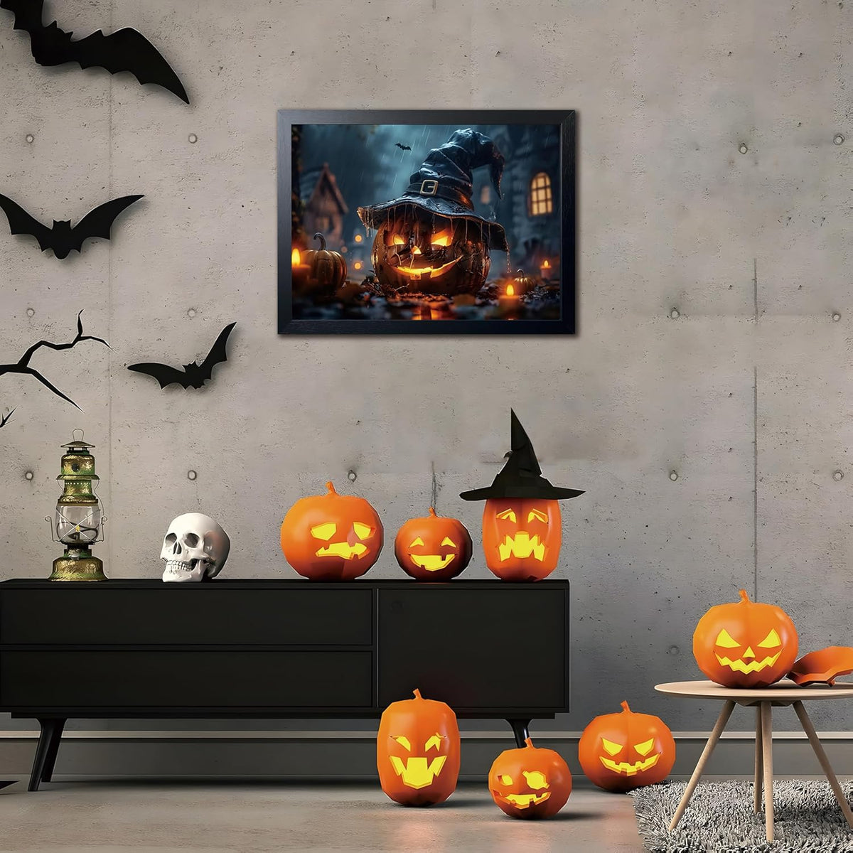 Wood Framed Dark Halloween Pumpkin Wall Art, Gothic Witch Hat Jack-o'-Lantern Canvas Print, Dark Academia Spooky Haunted House Poster Wall Art for Living Room Bedroom Room Aesthetics 16x24 inch