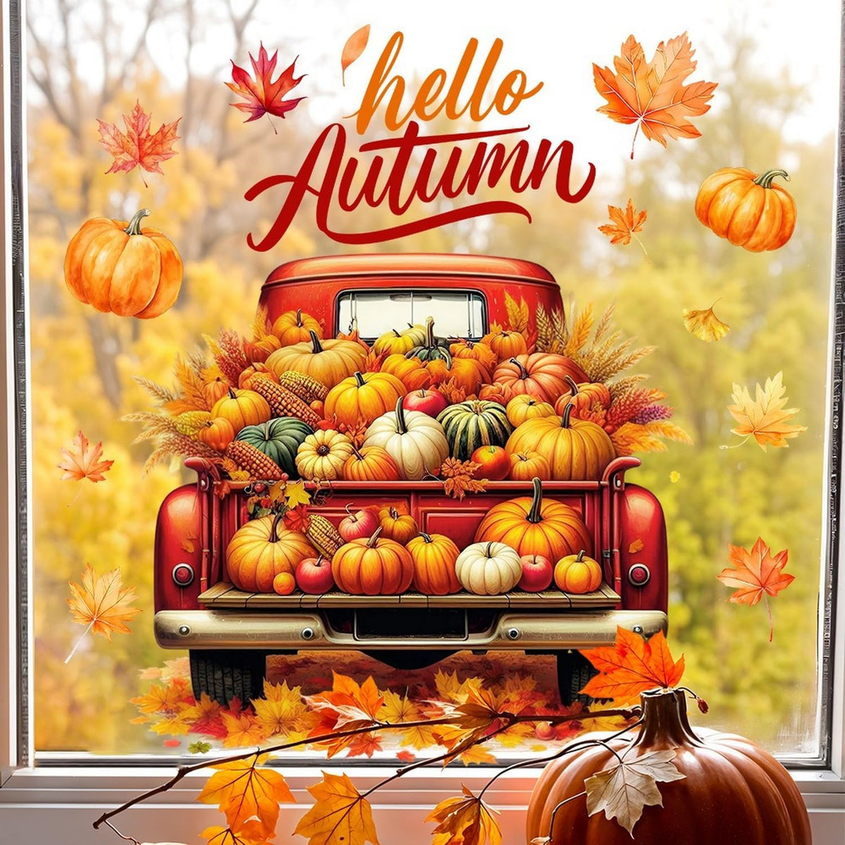 Fall Window Clings for Glass Thanksgiving Static Cling Window Decals 1PCS Pumpkin Maple Leaves Autumn Reusable Window Stickers Home School Office Decorations