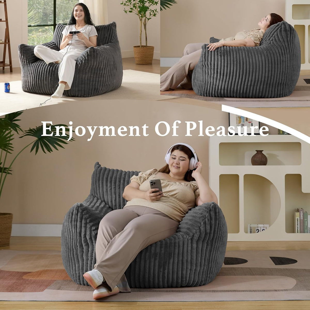 Giant Plush Bean Bag Chair for Adults with Armrests - Oversized Comfy Grey Beanbag Lounge Lazy Floor Sofa Accent Chair for Living Room, Bedroom & Dorm, Cozy Fluffy Single Cloud Mini Couch