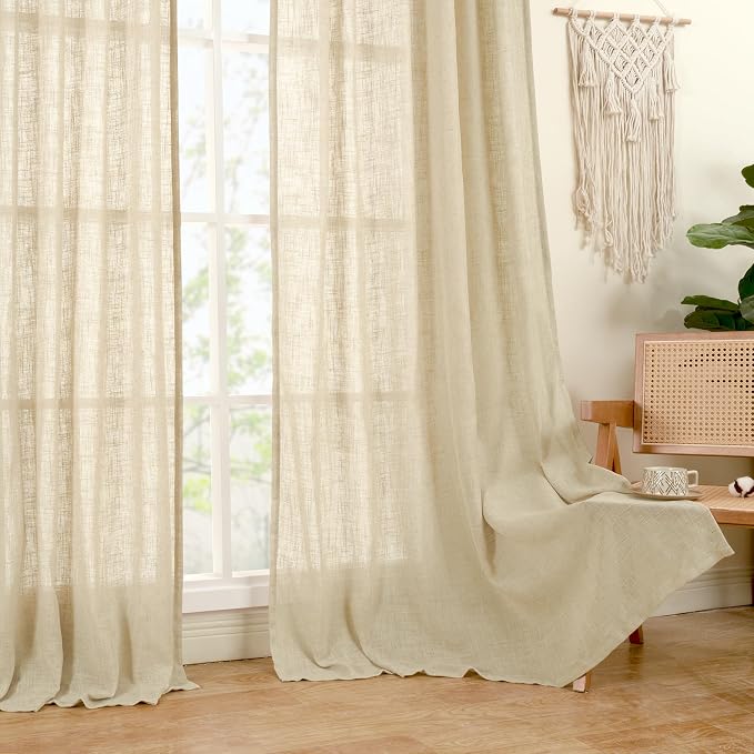 Natural Linen Curtains 90 Inch for Living Room, Semi Sheer Panels | Soft Thick - Image 9