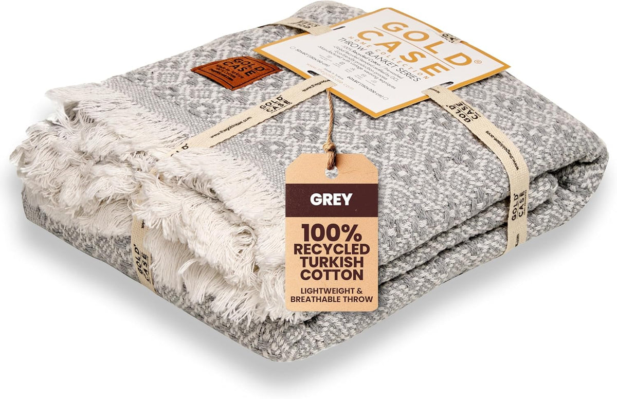 Gold Case Throw Blanket for Couch – 100% Recycled Turkish Cotton Blankets & Throws – Elegant Decorative Throw Blankets for Living Room Sofa – Woven Throws for Couch – Retro Grey – 50x60