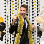 LOLStar Black and Gold Star Birthday Party Decorations 2Pack 3.3X6.6 ft Golden Photo Booth Props Backdrop Streamers Star Foil Fringe Curtains for Men 2025 Graduation Decors Black Yellow Party Supplies