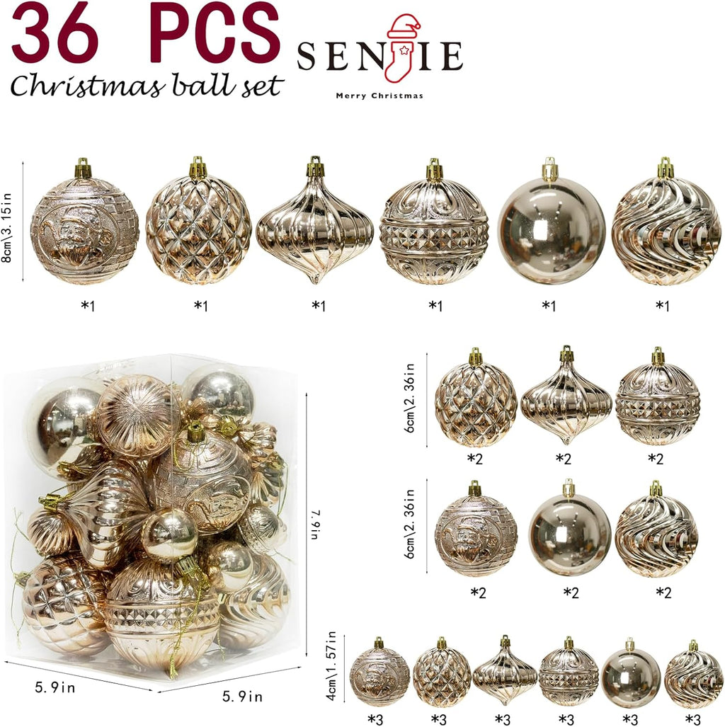 Christmas Ornaments Set with 36pcs Shatterproof Christmas Tree Decorations Multi-Size Christmas Ball Ornaments with 7 Styles Champagne