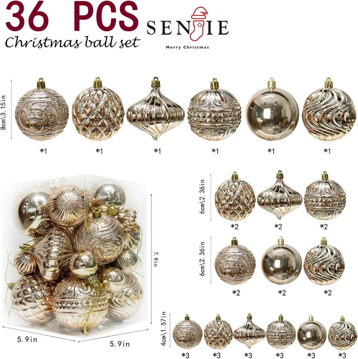 Christmas Ornaments Set with 36pcs Shatterproof Christmas Tree Decorations Multi-Size Christmas Ball Ornaments with 7 Styles Champagne