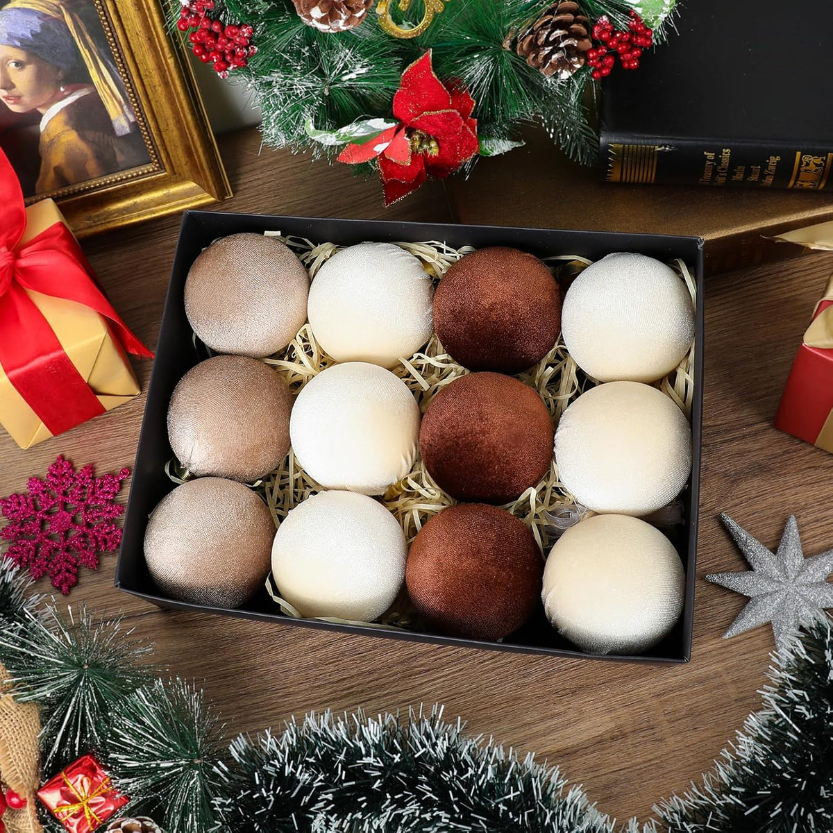 12Pcs Velvet Christmas Ornaments Balls,Brown Christmas Tree Decoration Shatterproof Ball with Hanging for Party Decor Multicolor Brown Beige 80mm/3.15in