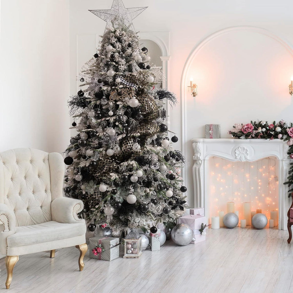 Clear Christmas Ball Ornaments,24ct Shatterproof Plastic Decorative Christmas Ornaments Hanging Xmas Tree Baubles Set with Stuffed Delicate Glittering Decorations for Holiday Party Home Decor(Black)