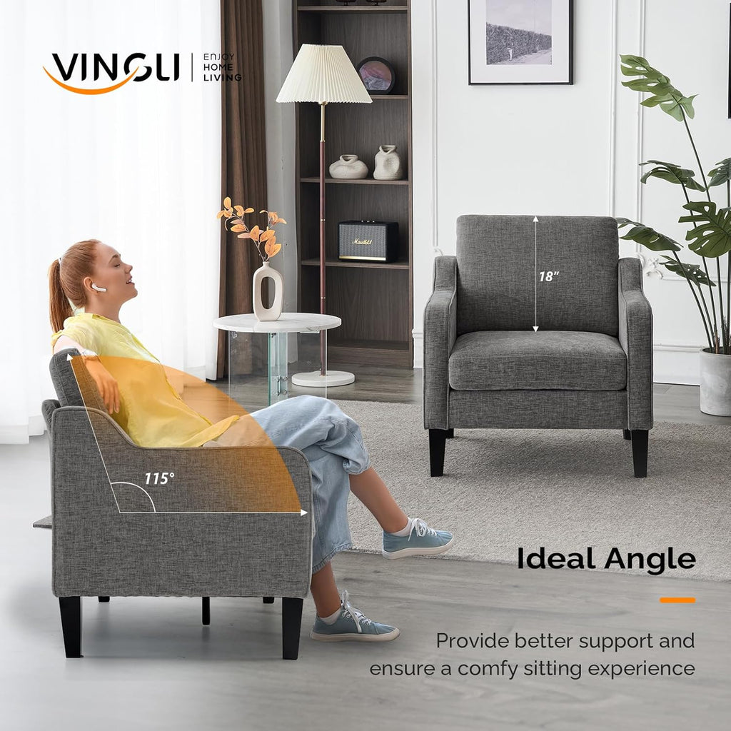 VINGLI Accent Chairs Set of 2 for Living Room, Light Grey Mid Century Modern Chair Soft Chenille Sofa Chair Upholstered Comfy Arm Chairs for Bedroom, Play Room, Apartment
