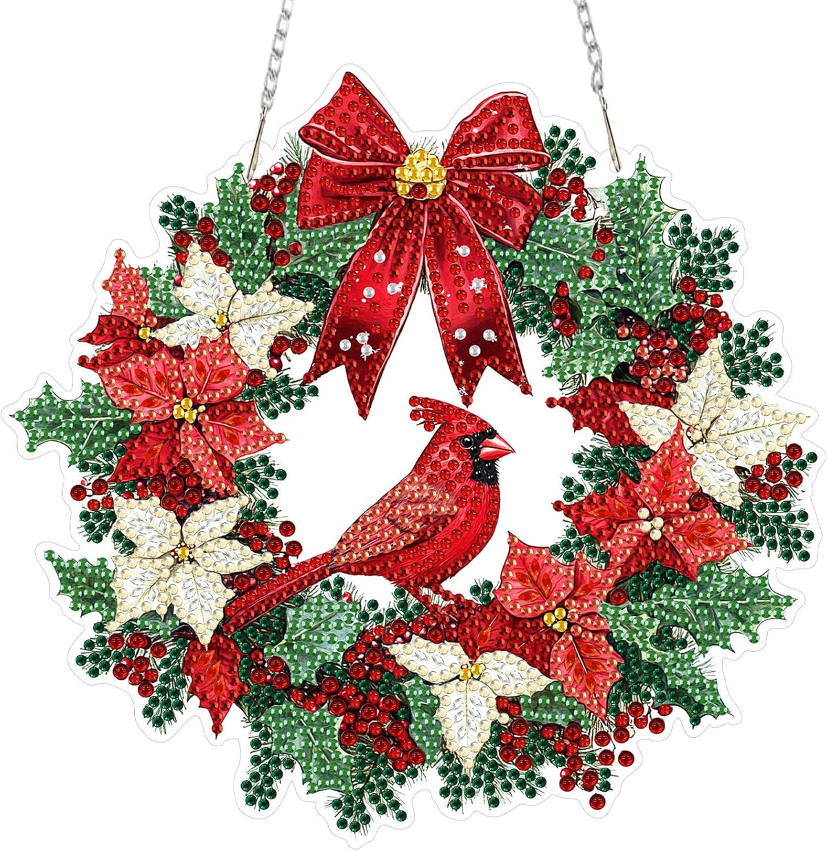 MEIYUDA Christmas Diamond Art Hanging Kits for Adult, Cardinal Wreath Diamond Painting Hanging Kits Ornaments, DIY Special Shaped Rhinestone Window Pendants kit for Home Garden Wall Decor Gift