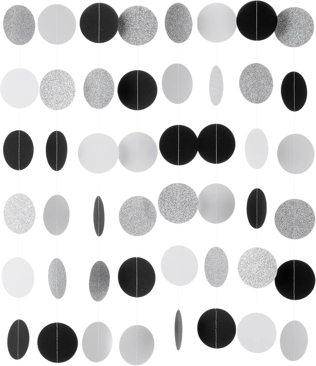 Black White Silver Glitter Paper Garland Circle Dot Streamer Banner for Graduation Bridal Shower Wedding Birthday Party Decorations, 2.5" in Diameter, 20 Feet in Total