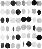 Black White Silver Glitter Paper Garland Circle Dot Streamer Banner for Graduation Bridal Shower Wedding Birthday Party Decorations, 2.5" in Diameter, 20 Feet in Total