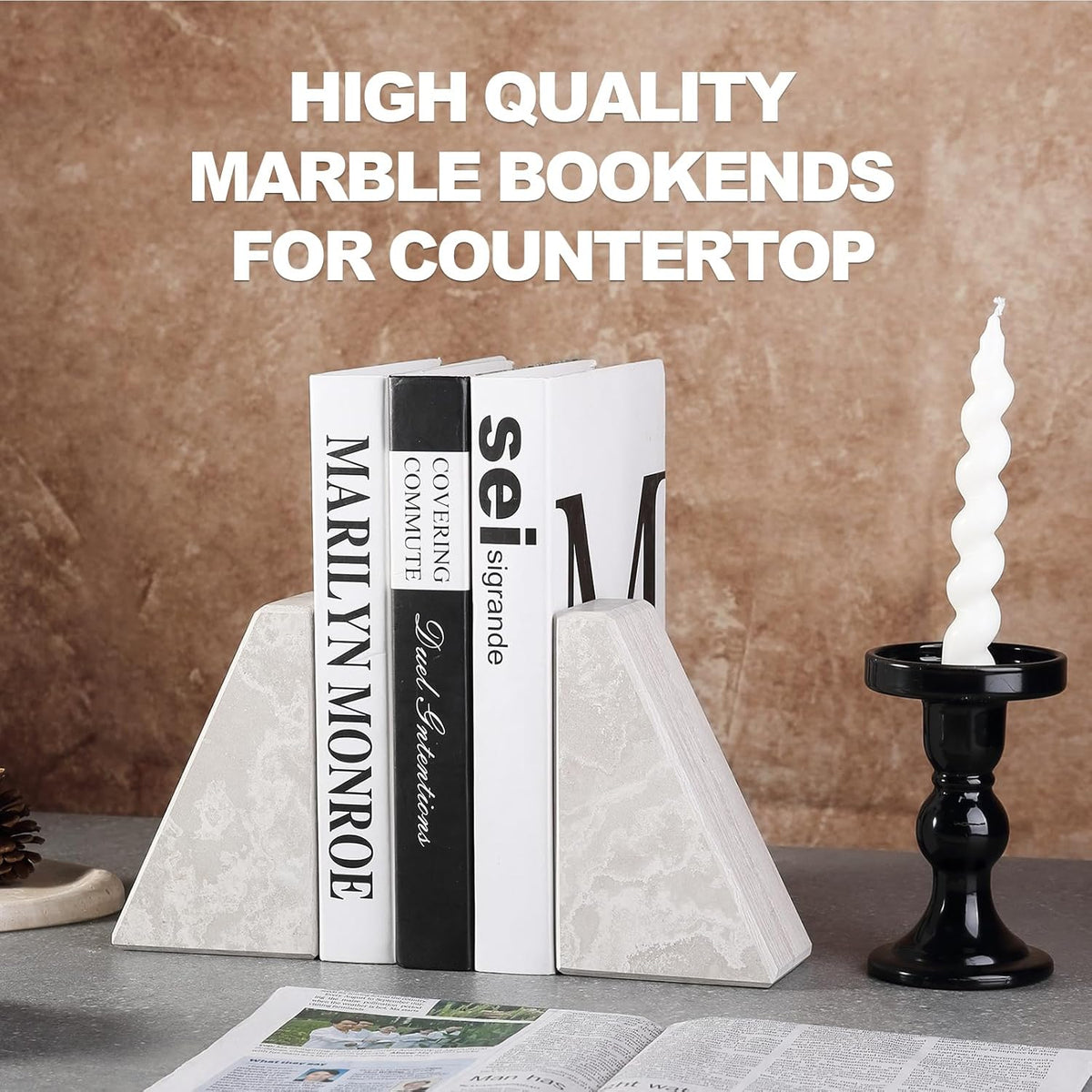 Marble Bookends for Heavy Books, Decorative Book Ends for Shelves, Durable and Heavy-Duty Bookends for Hardback Book & CDS, Off-White Unique Books Stopper & Holder, Set of 2