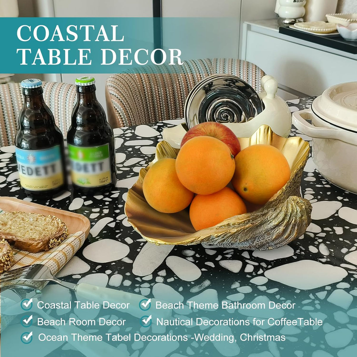 Large Clam Shells Decorative Bowl-Bronze/Golden Sea Shells Decorative Storage Bowls for Coastal Beach theme house table centerpiece decorations & Nautical decorations for coffee table -10.2"-1PC