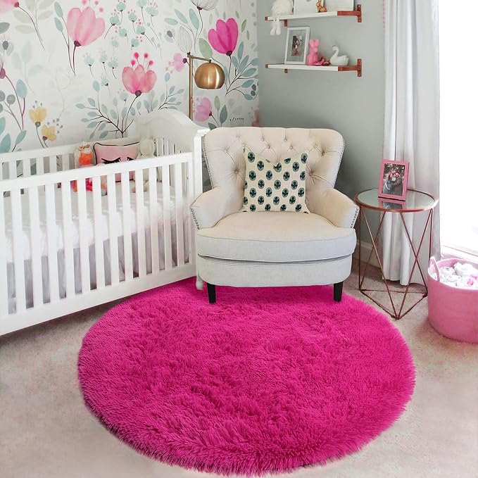 Amdrebio Hot Pink Fluffy Round Rug 4Ft - Image 7