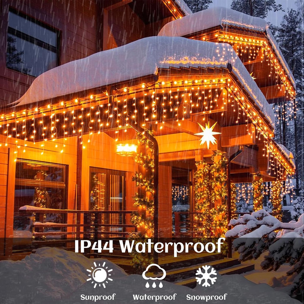 33 FT 400LED Halloween Lights, Orange Icicle Lights for Outside, Clear Wire Twinkle String Light with Timer 8 Modes Waterproof for Window House Patio Yard Wedding Classroom Festival Decor