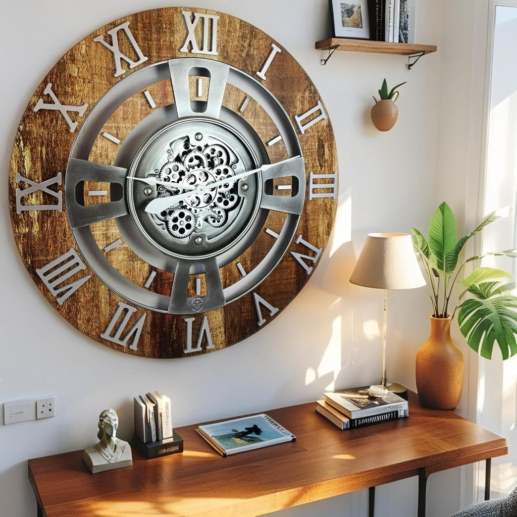 The Gears Clock Real Moving Gear Wall Clock England Line (Vintage Brown, 24 inches (60 cm))