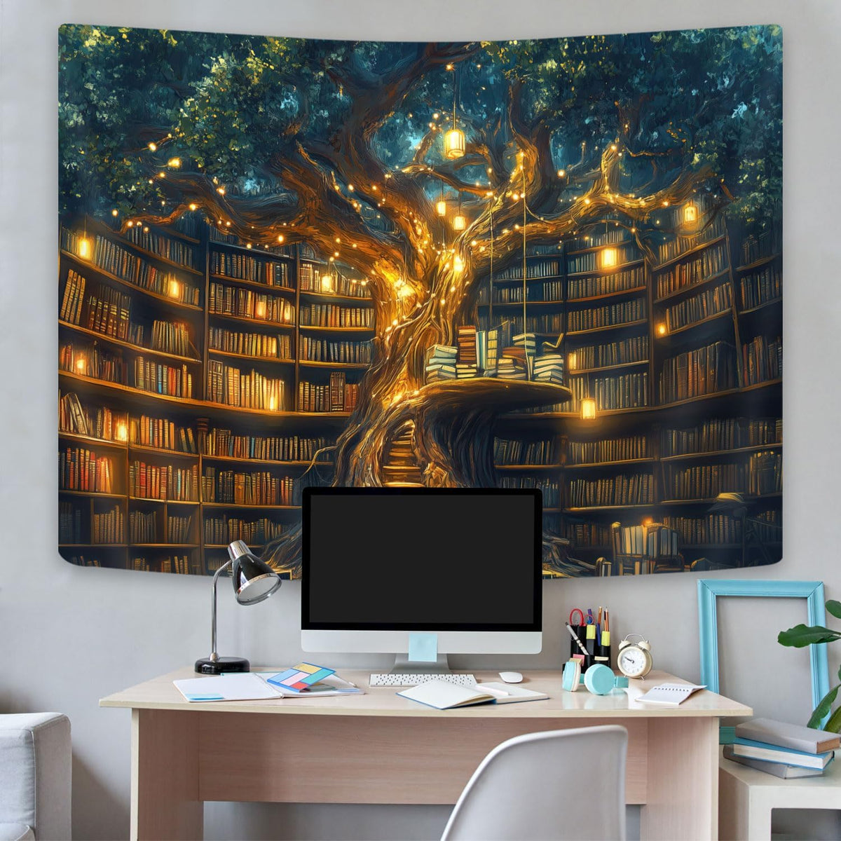 GOAOK Fantasy Library Tapestry For Classroom, Mysterious Tree Magic Bookshelf Aesthetic Tapestries, Witchy Fairytale Tree Vintage Bookshelf Book Art Tapestry Wall Hanging College Room Bedroom, 80"X60"