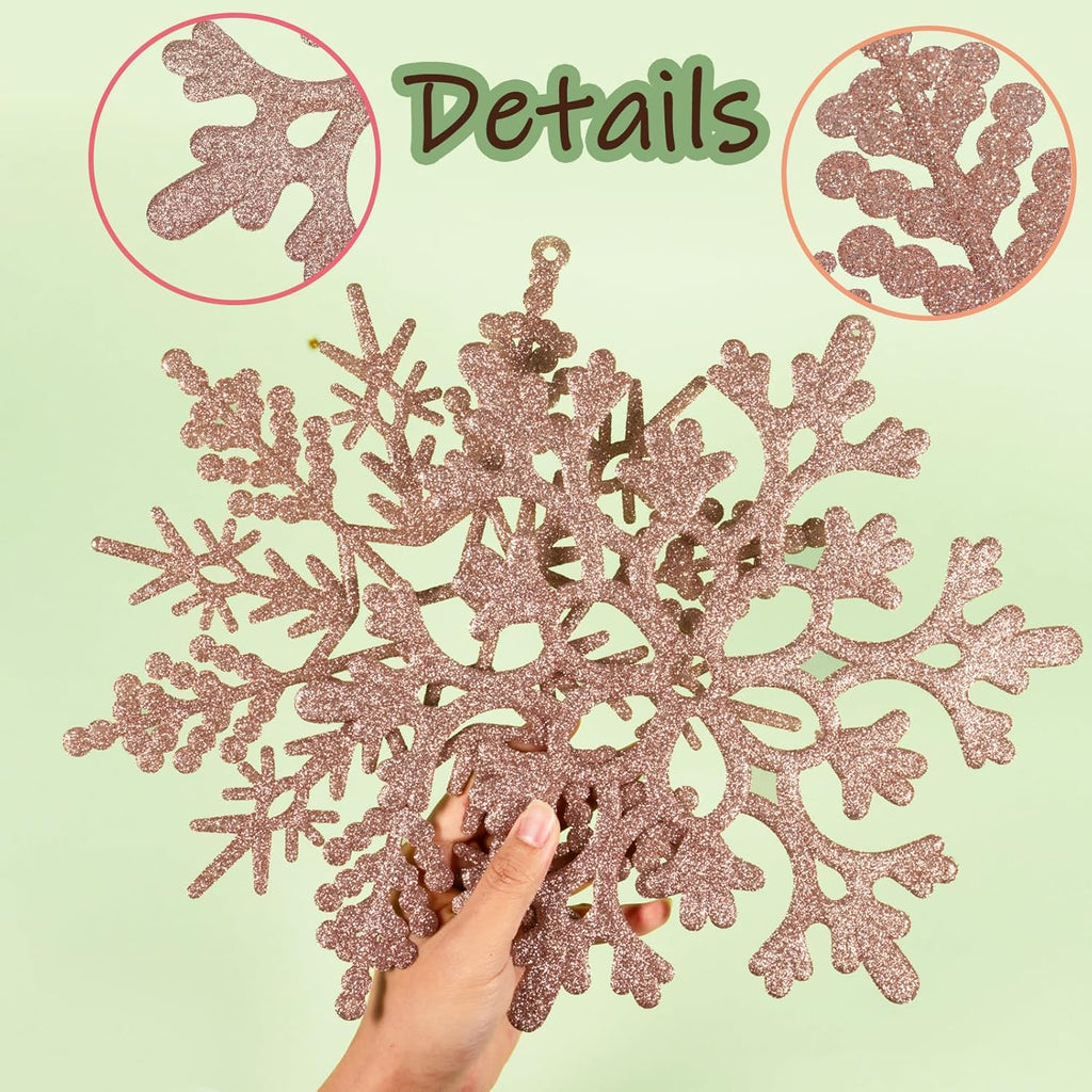 6pcs Large Snowflakes Ornaments Rose Gold 12” Big Plastic Glitter Snowflake for Winter Indoor Outdoor Christmas Tree Window Room Decorations Giant Craft Snowflakes