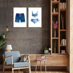 Liyark Set of 2 Retro Navy Blue And White Swimsuit Art Posters Beach Bathing Suit Prints Painting Beach House Wall Art Coastal Wall Decor Pictures For Bathroom Home Decoration 12x16in Framed