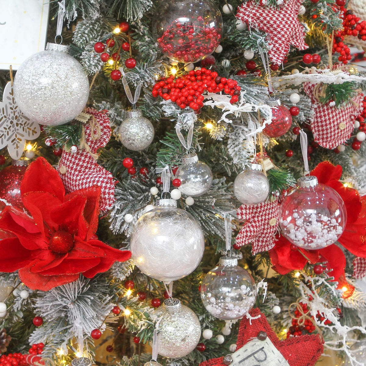 Sea Team Shatterproof Clear Plastic Christmas Ball Ornaments Decorative Xmas Balls Baubles Set with Stuffed Delicate Decorations (50 mm/1.97"/30-Pack, White)