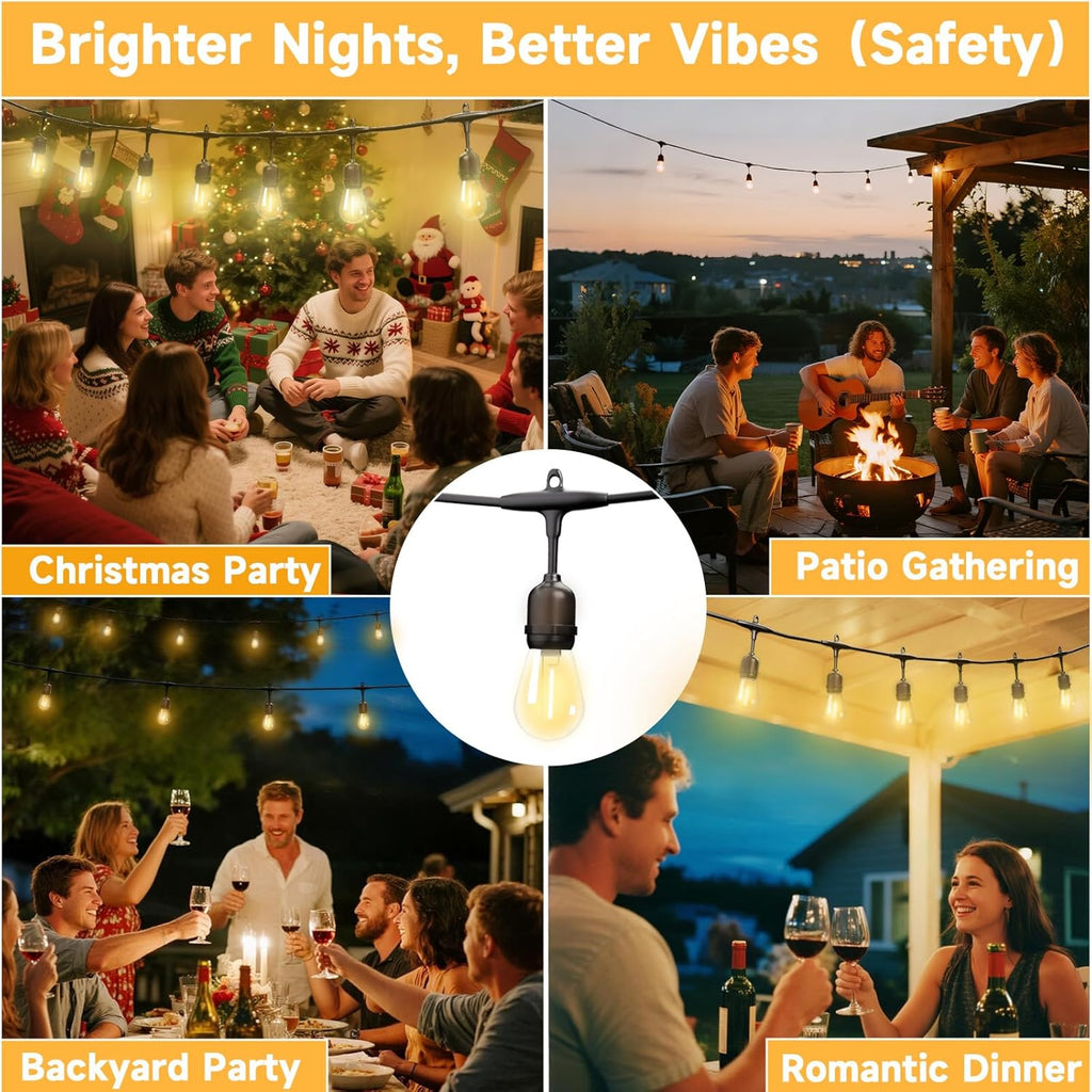 Outdoor Safety String Lights 150FT - 24V 20W Commercial Grade Low Voltage Strand with 60 S14 Shatterproof Bulbs for Tree Garden Yard Cafe Bistro | Warm Yellow 3500K | IP65 Waterproof | UL Listed