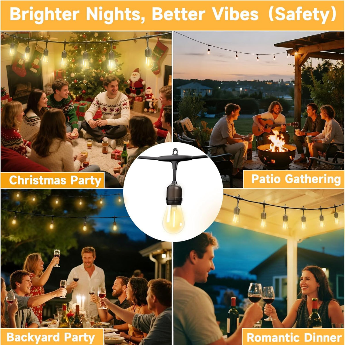 Outdoor Safety String Lights 150FT - 24V 20W Commercial Grade Low Voltage Strand with 60 S14 Shatterproof Bulbs for Tree Garden Yard Cafe Bistro | Warm Yellow 3500K | IP65 Waterproof | UL Listed