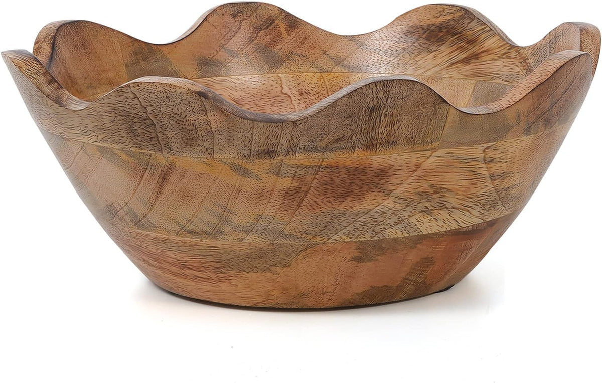Mela Artisans Wooden Scalloped Bowl - Medium | Ruffle Decorative Style | Rustic Kitchen Decor | Mango Wood | Natural Grain Finish | Fits Bread, Fruits, Salad or Popcorn | 10” x 4” x 9”