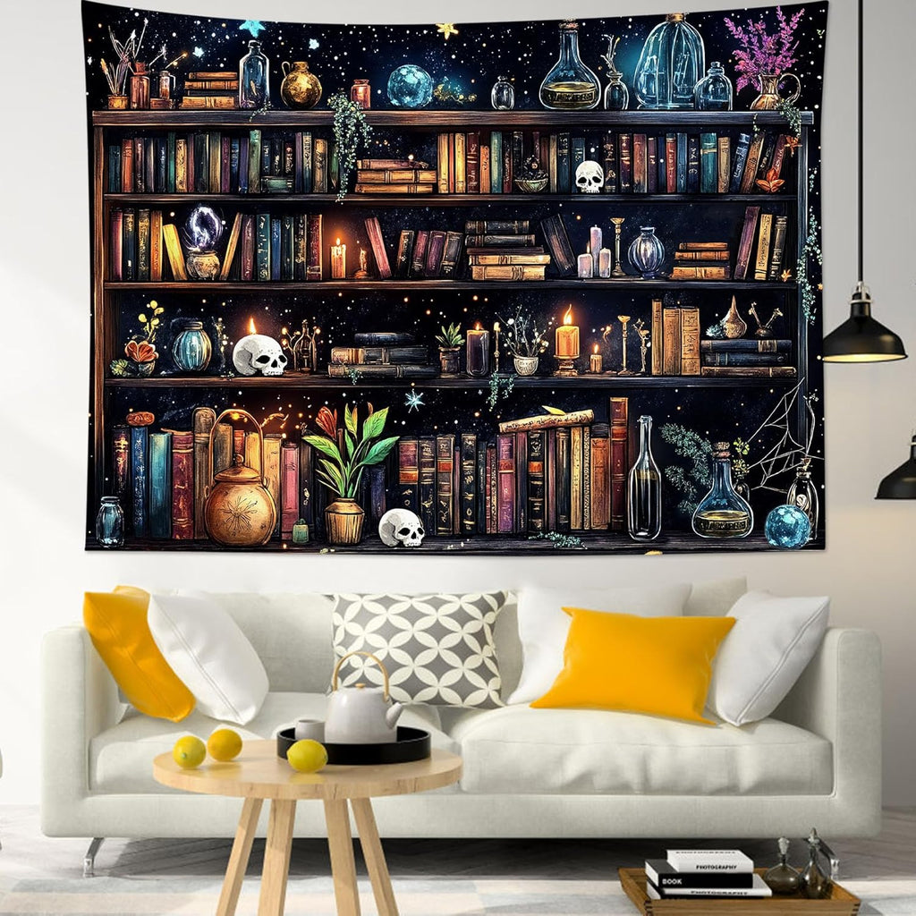 HVEST Magic Bookshelf Wall Tapestry Vintage Bookshelf Witchy Books Plant Skull Gothic Halloween Tapestry Wall Hanging Starry Sky Tapestries for Bedroom Living Room Dorm, 70.9L x 92.5W Inches