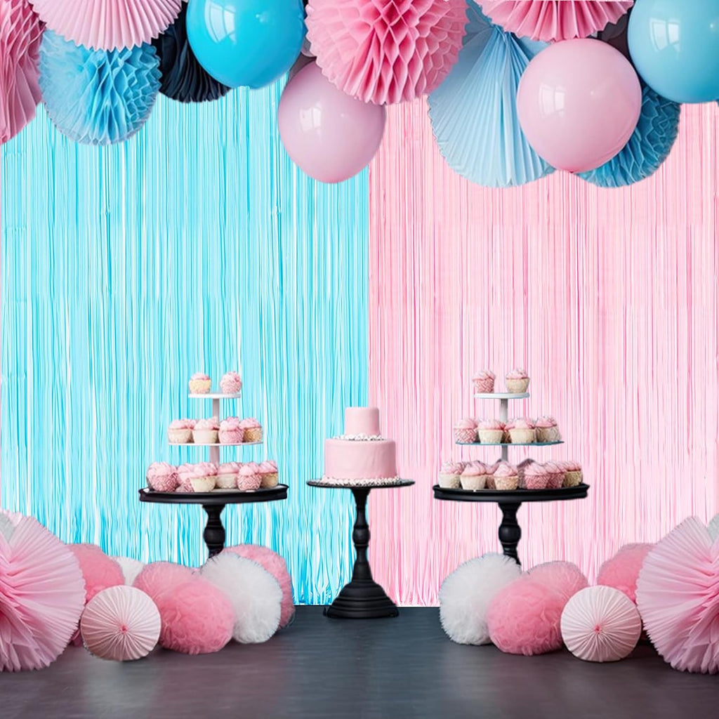 BRAVESHINE Tinsel Photo Backdrop Curtains - 2 Pack 3.2x8.2ft Pastel Pink Blue Foil Fringe Streamer Curtain for Boy or Girl Birthdays Sweet Donuts Easter Party Decorations
