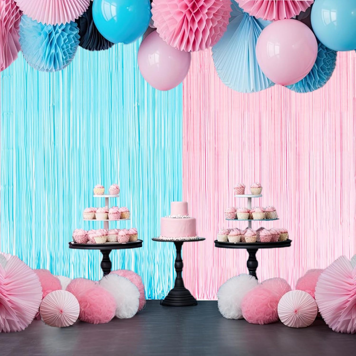 BRAVESHINE Tinsel Photo Backdrop Curtains - 2 Pack 3.2x8.2ft Pastel Pink Blue Foil Fringe Streamer Curtain for Boy or Girl Birthdays Sweet Donuts Easter Party Decorations