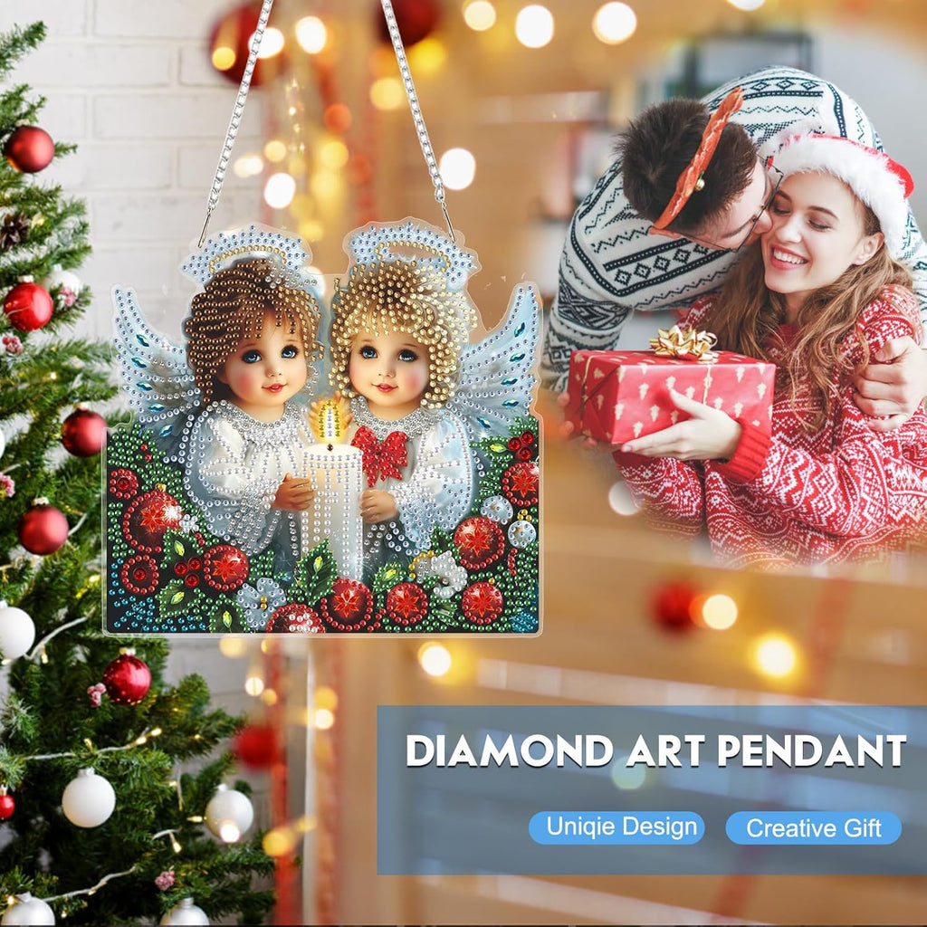 NEWENMO Hanging Diamond Art Kit for Adult, Angels in Heaven, 5D Special Shaped Rhinestone Diamond Painting Ornament, Christmas, DIY Acrylic Diamond Art Painting Window Pendants Home Garden Wall Decor
