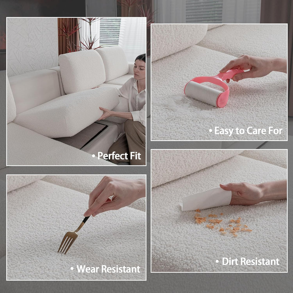 Couch Cushion Covers for Sectional Sofa, Stretch Soft Sofa Slipcovers Washable Wear-Resistant Universal Furniture Protector for Living Room(2 Seaters Covers+1 Chaise Cover, Ivory)