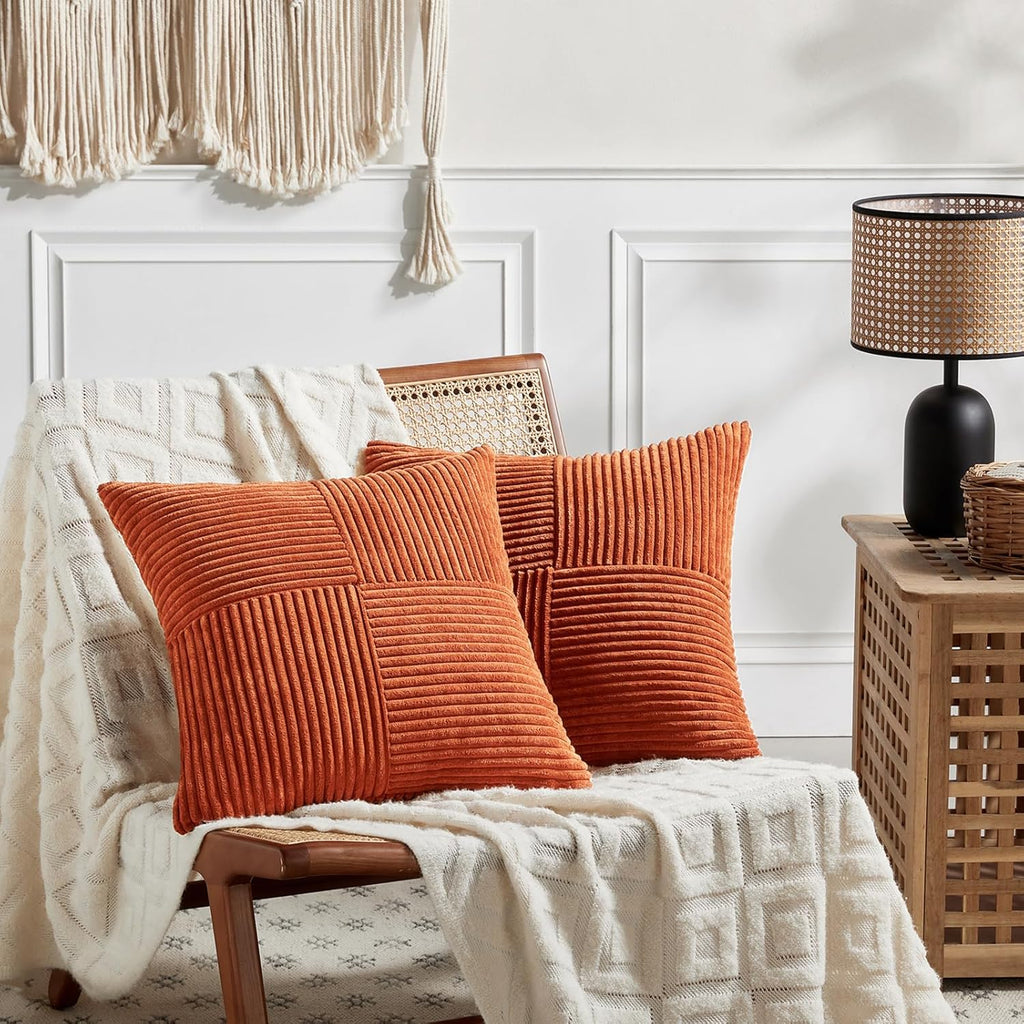 Fancy Homi 2 Packs Burnt Orange Samll Fall Decorative Throw Pillow Covers 14x14 Inch with for Couch Bed Sofa, Farmhouse Boho Home Decor, Soft Corss Patchwork Corduroy Square Cushion Case 35x35 cm