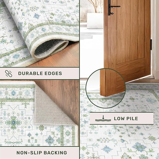 Cream Green and Blue 2x4 Boho Bathroom Rug - Image 5