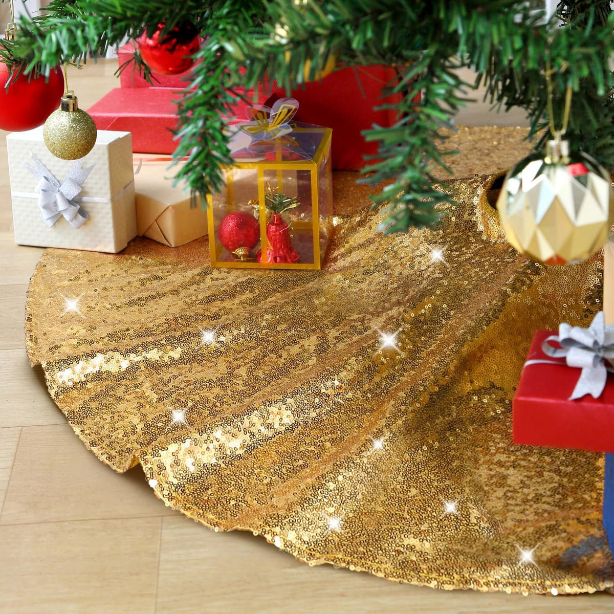 Gold Christmas Tree Skirt 36 inch Small Tree Skirt 4ft Sequin Tree Skirt for Gold Christmas Decorations
