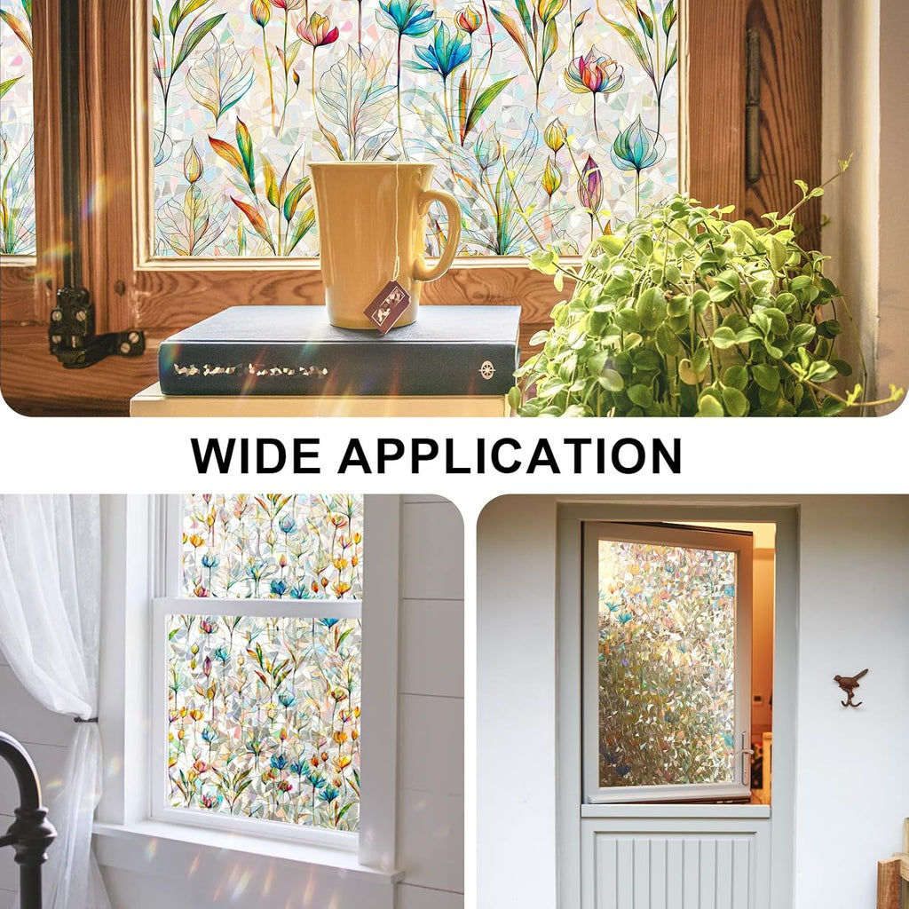 Rainbow Window Privacy Film 3D Floral Decorative Stained Glass Window Film Anti UV Non-Adhesive Reusable 23.6" x 78.7" for Home Room Car Glass Cling