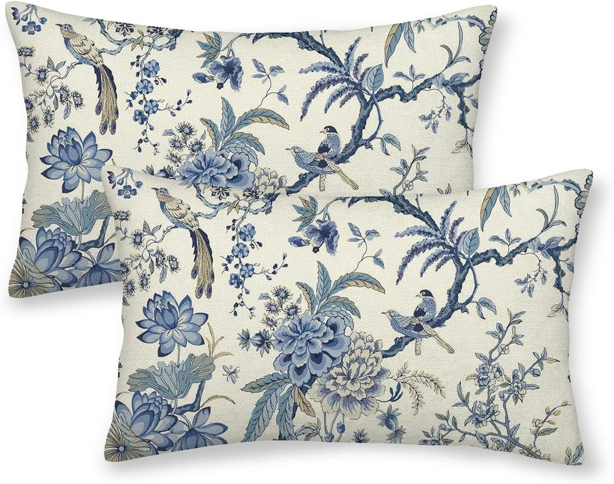 CXMEIFLY Spring Floral Birds Pillow Covers 12 x 20 Inch Set of 2 for Chinoiserie Flowers Decor Throw Pillows Blue and White Plant Outdoor Decorative Cushion Cases for Couch Bed Decorations