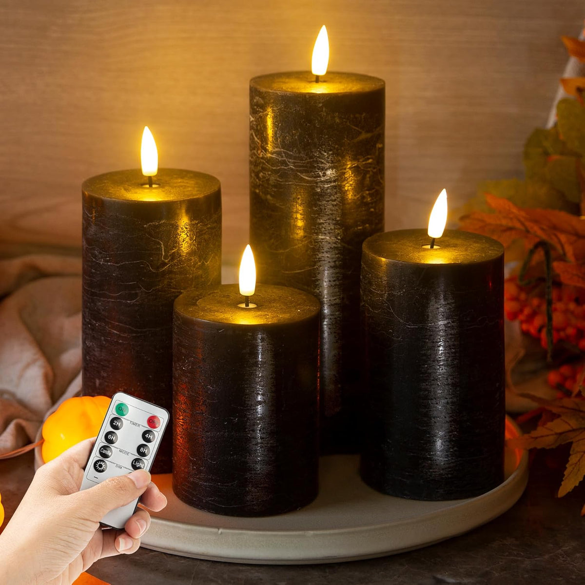 Halloween Flameless Candles, 4 Pack Battery Operated Halloween Candles with Remote, Wax LED Fake Pillar Candles Fireplace/Shelf Decor D3 H 5" 6" 7" 9" Black