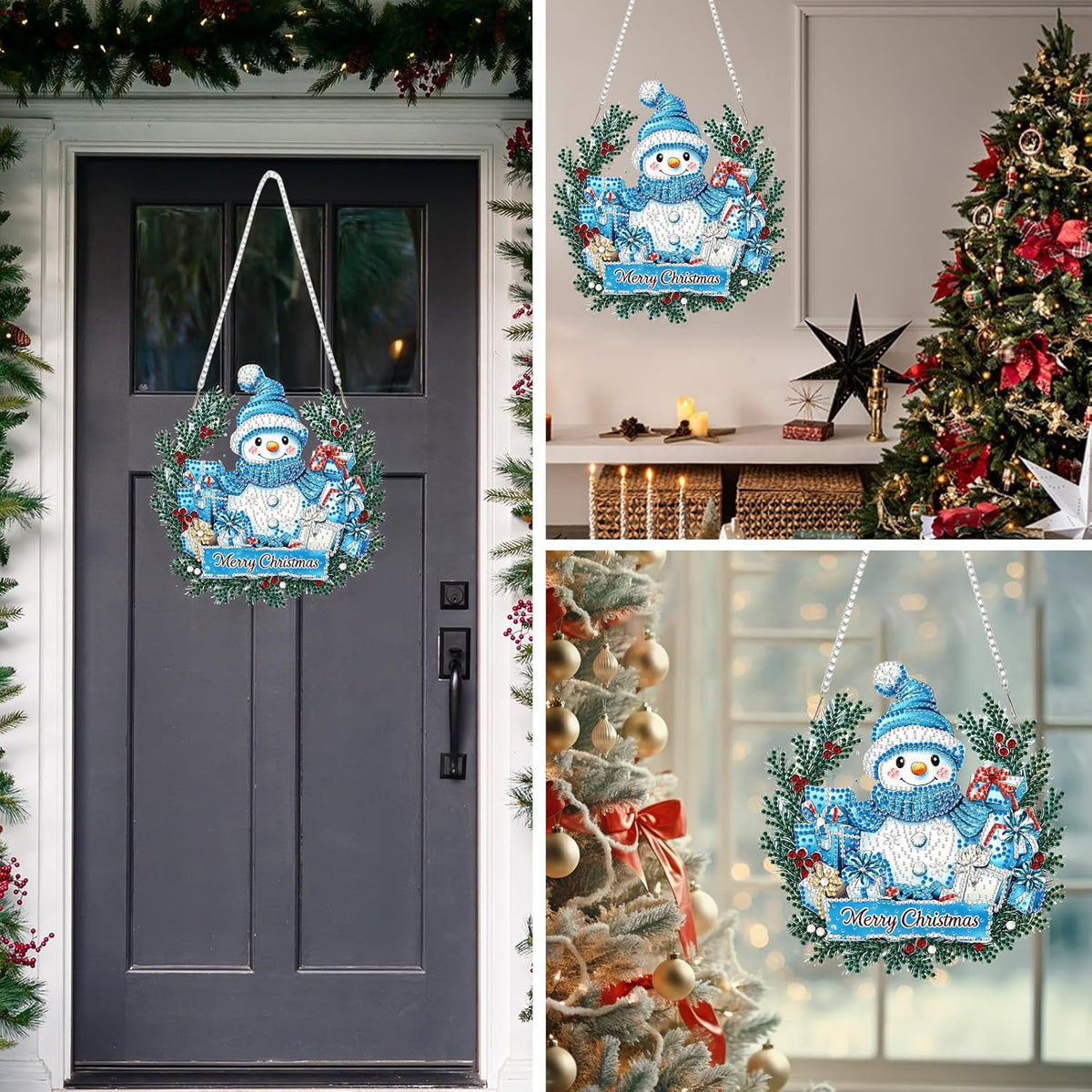 MEIYUDA Christmas Hanging Diamond Art Kits for Adult, Snowman Wreath Diamond Painting Hanging Kits Ornaments, DIY Special Shaped Rhinestone Window Pendants kit for Home Garden Wall Decor Gift