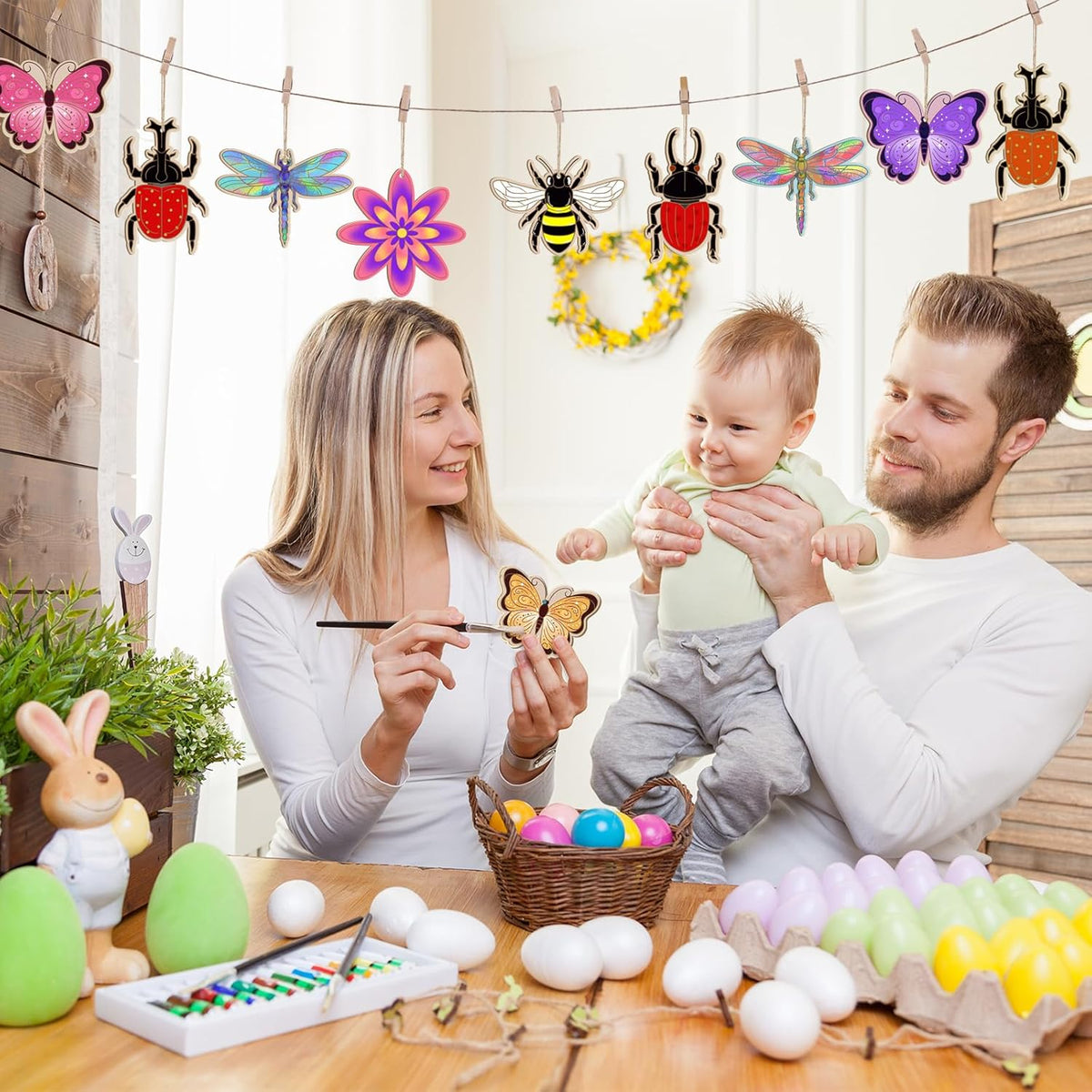 36PCS Wooden Spring Ornaments to Paint, 6 Styles DIY Blank Unfinished Wood Flower Cutouts Butterfly Ornament for Crafts Hanging Decorations, Cute Bee Flower Shape Home Decorations Gifts
