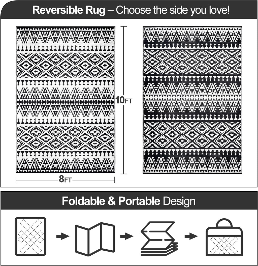 Waterproof Outdoor Rug 8x10ft, Bohemia Reversible Plastic Straw Mat for Patio RV Deck Porch Backyard Balcony Camping Picnic Beach Indoor Outdoor Carpet, Black&White
