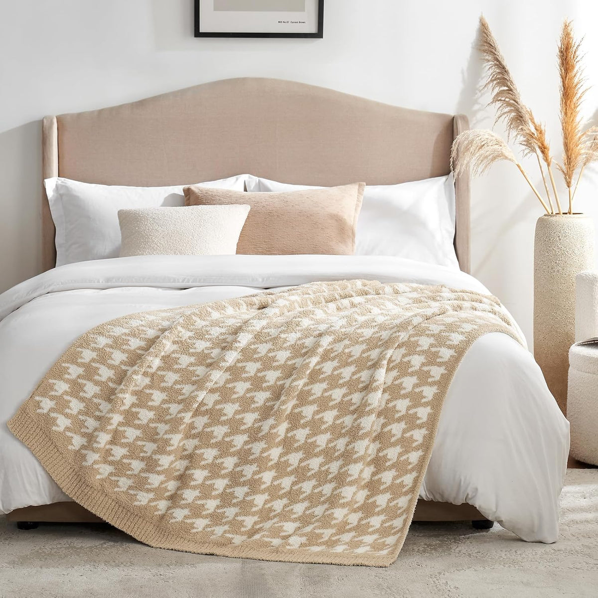 Snuggle Sac Throw Blanket for Couch, Reversible Super Soft Warm Blankets Cozy Knit Fuzzy Plush Lightweight Throws for Sofa, Bed, Camping,Houndstooth Beige,50x60 inches
