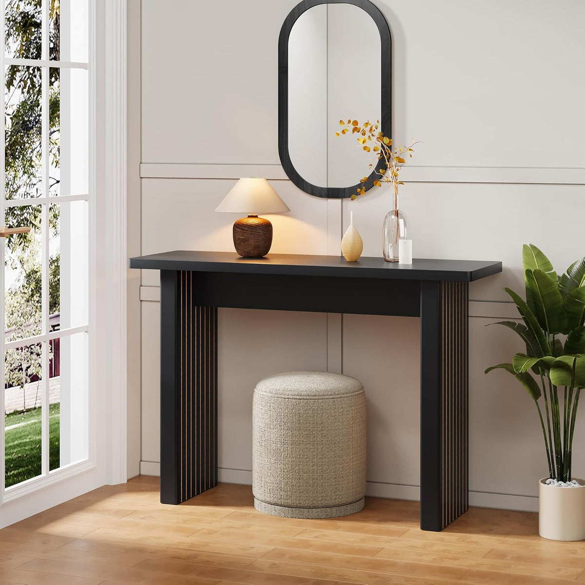 AVZEAR Mid Century Narrow Entryway Console Table, 43.3" Fluted Wood Couch Table Behind Sofa Long and Skinny for Living Room Hallway Entrance Foyer, Black