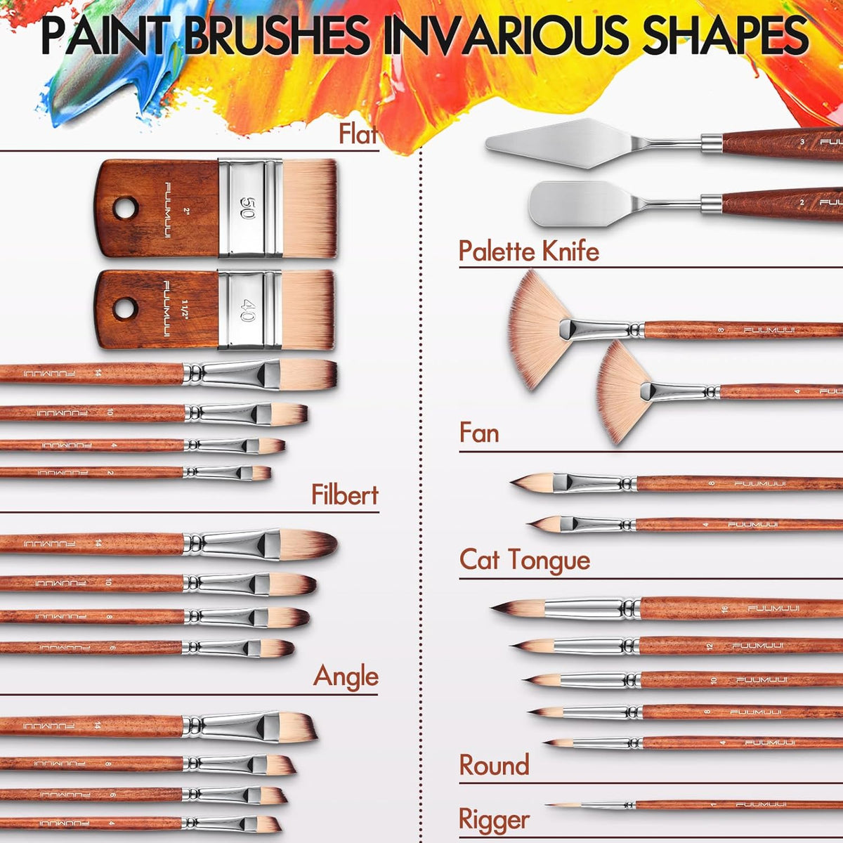 26pcs Paint Brush Set, Fuumuui Professional Acrylic Paint Brushes Complete Range of Sizes with Upgraded Short Handle Wide Flat Paintbrush for Acrylic, Oil, Watercolor and Gouache